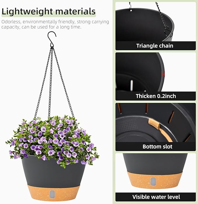 QCQHDU 2 Pack Hanging Planters for Indoor Outdoor Plants, 10 Inch Hanging Baskets Flower Pots with Reservoir Tray & Visible Water-Level-Ruum Studio Home