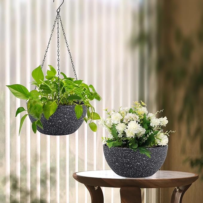 8 inch Small Hanging Planters for Indoor Outdoor Plants, 2 Pack Hanging Flower Plant Pots with Drainage Holes and Chain for Porch, Plastic Hanging Baskets for House Plants, Speckled Black-Ruum Studio Home