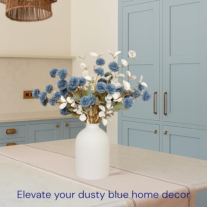 Faux Dusty Blue Flowers, Blue and White Floral Stems for Centerpieces, Fake Mums Artificial Flowers, Flores Azules Artificiales para Decoracion, Long Stems for Vases, DIY Silk Floral Arrangements-Ruum Studio Home