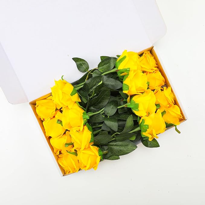 Yellow Fake Roses Artificial Flowers - 16 Pcs Fake Artificial Roses Silk Flowers with Stems for Home Wedding Hotel Office Centerpiece Decor-Ruum Studio Home
