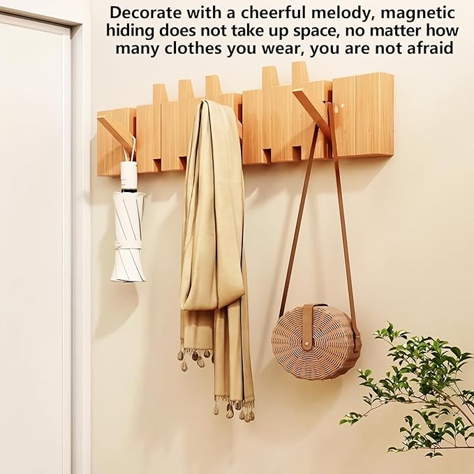 Wall Mounted Piano Key Hanger | Flip Style Hook | Entrance Wall Art Hook, Made of Oak Wood (3 Times Painted, 4 Times Polished) (Beech, 12Hooks)-Ruum Studio Home