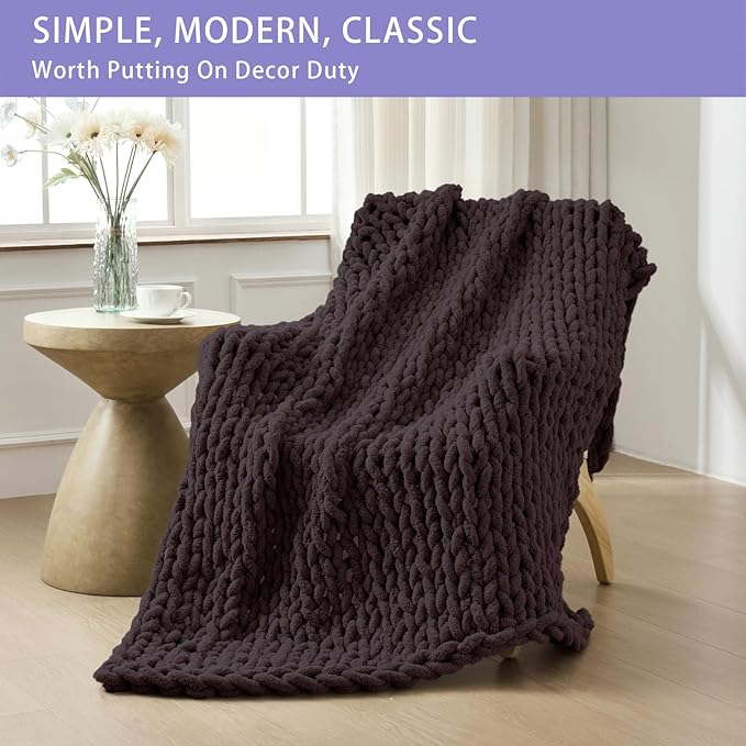 Bigacogo Chunky Knit Throw Blanket for Couch, 40x60 inches, 100% Hand Knitted with Thick Jumbo Chenille Yarn, Cozy Soft Large Rope Knot Cable Crochet Blankets for Sofa Bed Living Room, Chocolate-Ruum Studio Home