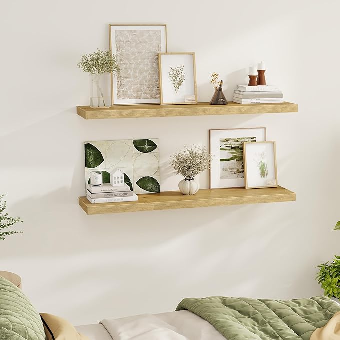 Floating Shelves Wall Shelf 48 Inch, 9.3 Inch Deep Floating Shelf for Wall, Farmhouse Black Wood Shelves Invisible Bracket for Living Room, Bedroom, Kitchen, 48 x 9.3 x 1.4 Inch, Set of 2, Oak Color-Ruum Studio Home