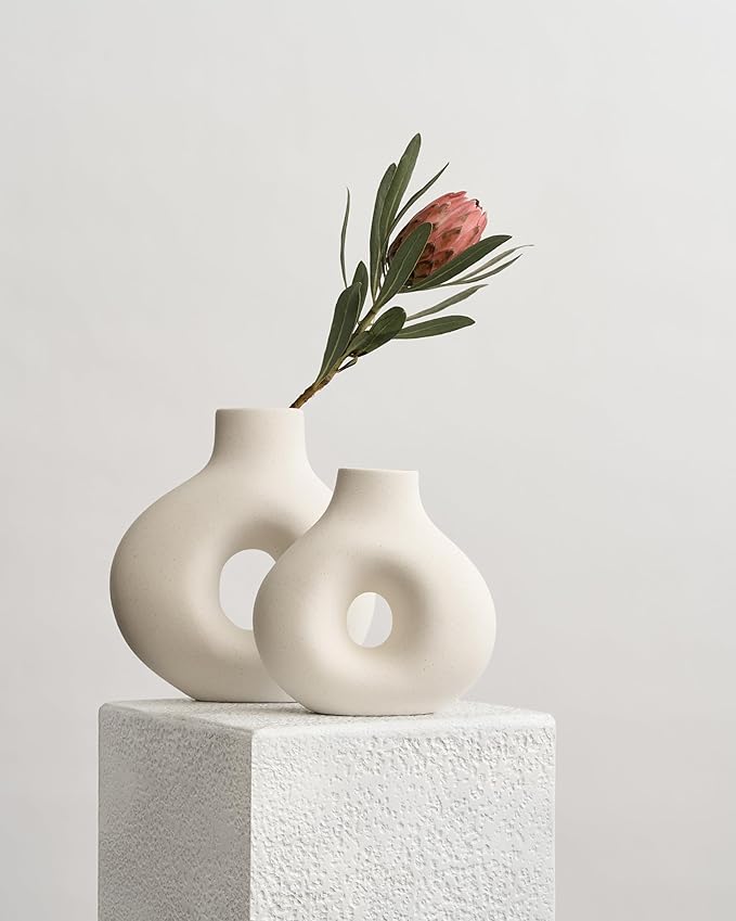 NOBULA White Ceramic Donut Vases – Modern Home Decor for Living Room, Bedroom & Table Centerpiece - Minimalist Nordic – Unique Vases for Olive Plant & Flowers – Decorative Coffee Table Vase Set of 2-Ruum Studio Home