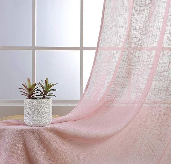 MIUCO Semi Sheer Curtains Poly Linen Textured Solid Grommet Curtains 95 Inches Long for Bedroom 2 Panels (2 x 37 Wide x 95" Long) Pink-Ruum Studio Home
