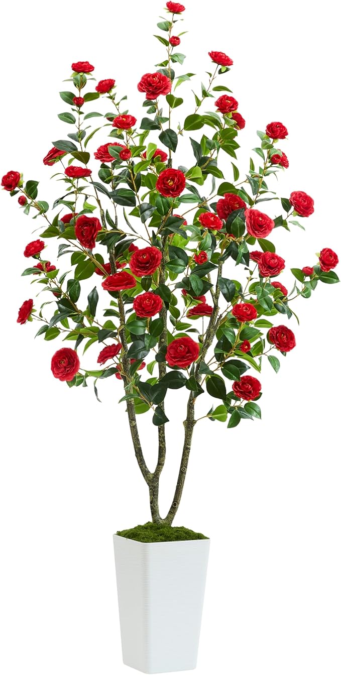 Artificial Camellia Tree 6FT Faux Trees Indoor Fake Floral Plant Blooming Tree with Red Flowers & White Tall Planter, Faux Camellia Plants for Porch Home Room Bedroom Office Front Door Outdoor Decor-Ruum Studio Home
