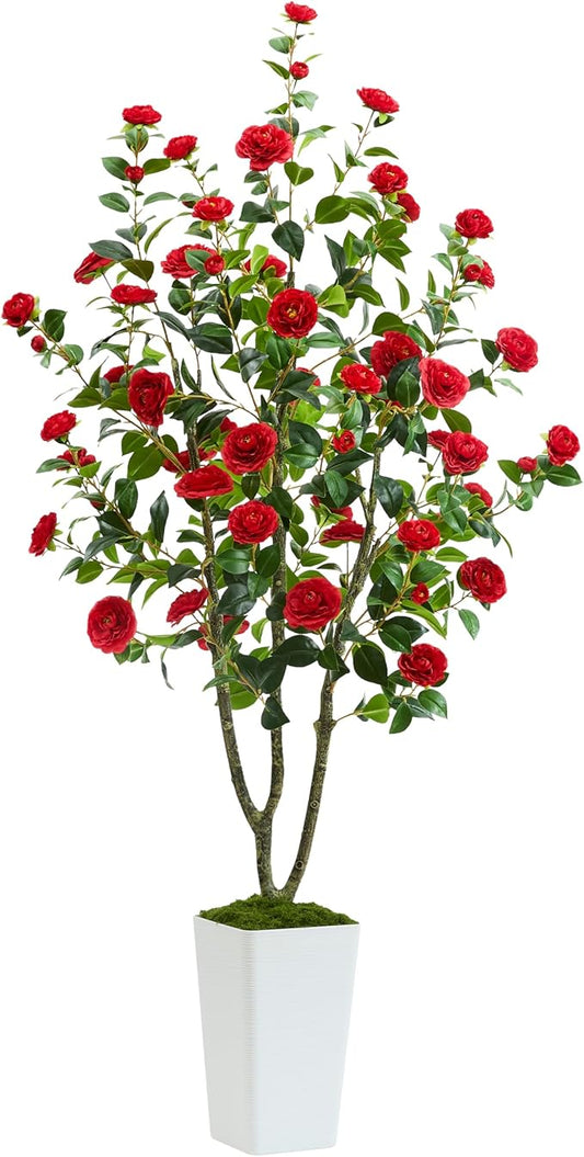 Artificial Camellia Tree 6FT Faux Trees Indoor Fake Floral Plant Blooming Tree with Red Flowers & White Tall Planter, Faux Camellia Plants for Porch Home Room Bedroom Office Front Door Outdoor Decor-Ruum Studio Home