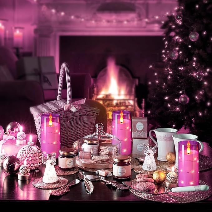 NURADA 3"x6"Flickering Flameless Candles: Built-in Star String Lights 3D Wick Battery Operated LED Pillar Candles with Remote and Timer for Table Wedding Centerpieces Party - 2 Pack Purple-Ruum Studio Home
