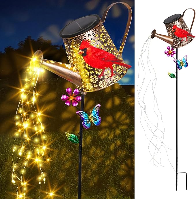 Solar Lights Outdoor Decorative, 39.4'' Metal Solar Watering Can Lights with Red Cardinal, Waterproof Garden Stake for Yard Lawn Patio Pathway Landscape, Gardening Gifts for Mom Grandma Women-Ruum Studio Home