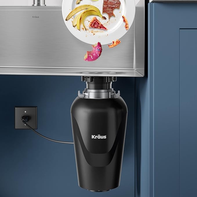 KRAUS WasteGuard 3/4 HP Ultra-Quiet Garbage Disposal with Quick Connect, Kitchen Sink Drain Cover, Power Cord and Flange Included, KWD100-75MBL-Ruum Studio Home