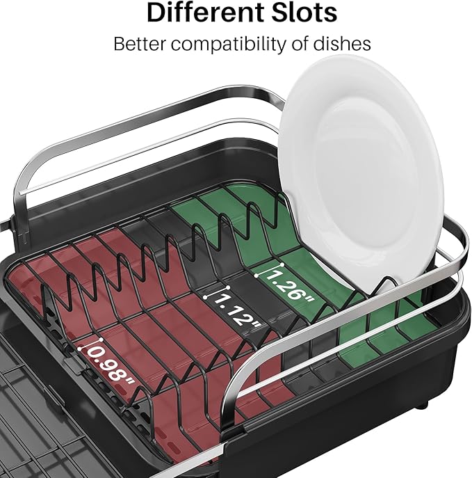 Dish Drying Rack, Expandable Dish Rack for Kitchen Counter, Stainless Steel Dish Drainer with Drainboard Set and Utensil Holder (Black)-Ruum Studio Home