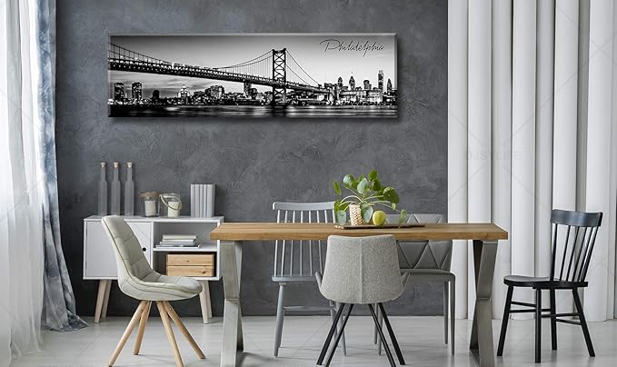 DJSYLIFE- Philadelphia Skyline Wall Art,Black and White Stretched Canvas Wall Art Prints for Bedroom or Office Decoration, Ready to Hang 13.8"x47.3"-Ruum Studio Home
