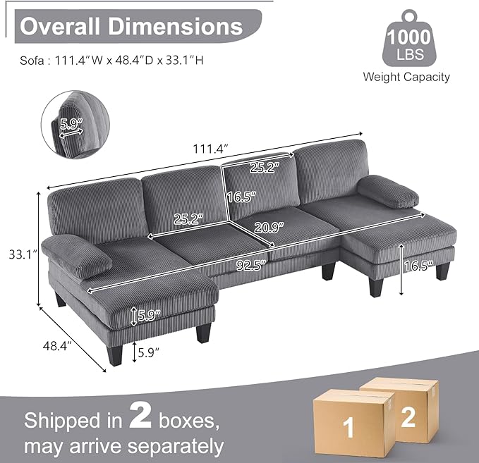Karl home U-Shape Sectional Sofa Couch 111" Modern 4-Seat Sofa with Chaises Corduroy Fabric Upholstered Covertible Couch with Wood Grain Legs for Living Room, Reception Room, Apartment, Dark Gray-Ruum Studio Home