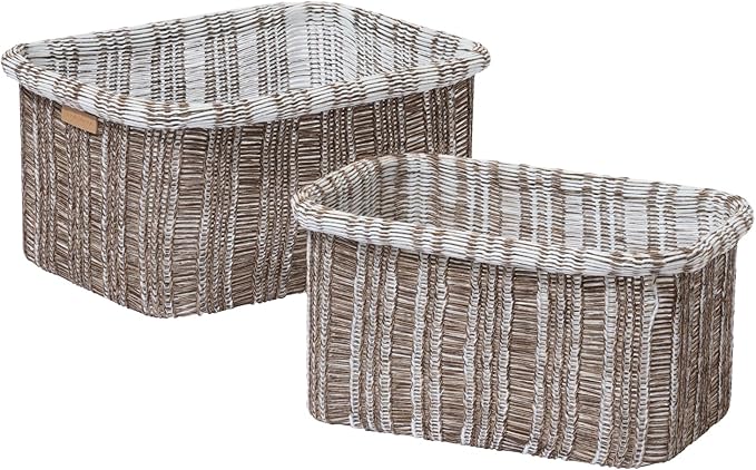 La Jolie Maison Blended Fabric Storage Baskets Set of 2, Rectangle Knitted Baskets for Organizing, Boho Decorative Baskets, Unique Design, Durable Finish, Mocha-Ruum Studio Home