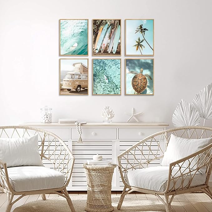 Laywhq Coastal Beach Wall Art Summer Ocean Surf Tropical Canvas Wall Decor Summer Nautical Palm Tree Turtle Surfboard Bus Room Paintings Prints Posters for Bedroom Living Room Set of 6 8x10in Unframed-Ruum Studio Home