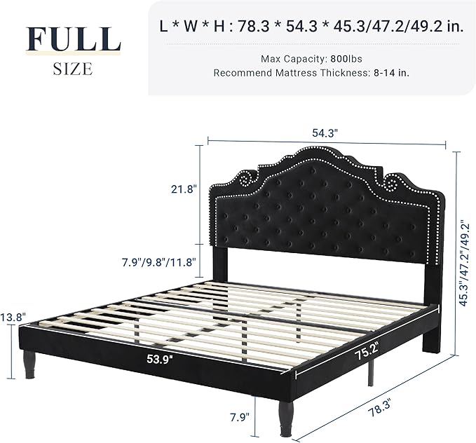 Allewie Full Size Bed Frame with Adjustable Velvet Tiara Headboard, Upholstered Diamond Button Tufted Platform Bed, Wood Slats Support, No Box Spring Needed, Black-Ruum Studio Home