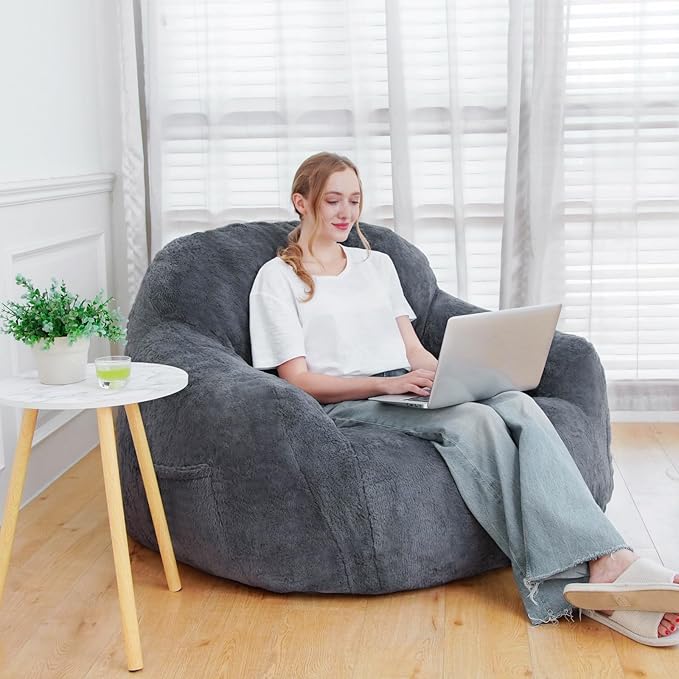 Giant Bean Bag Chair, Oversized Bean Bag Chairs for Adults and Kids, Gaming Chair Stuffed Memory Foam | Storage | Non-Slip, Removable Bean Bag Sofa Comfy Chair for Bedroom, Livingroom (Grey)-Ruum Studio Home