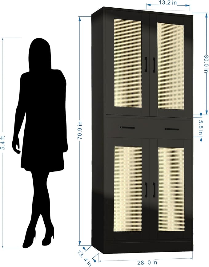 71" Tall Black & Rattan Pantry Cabinet - Boho Chic Kitchen Storage with Doors & Drawer for Dining Room, Hallway or Kitchen Organization-Ruum Studio Home