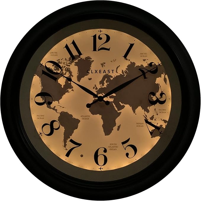 CLXEAST 18 Inch Illuminated Wall Clock with Smart LED Light Sensor, Large Modern World Map Wall Clocks for Living Room Decor,Oil Rubbed Bronze,Unique House Warming Gifts-Ruum Studio Home