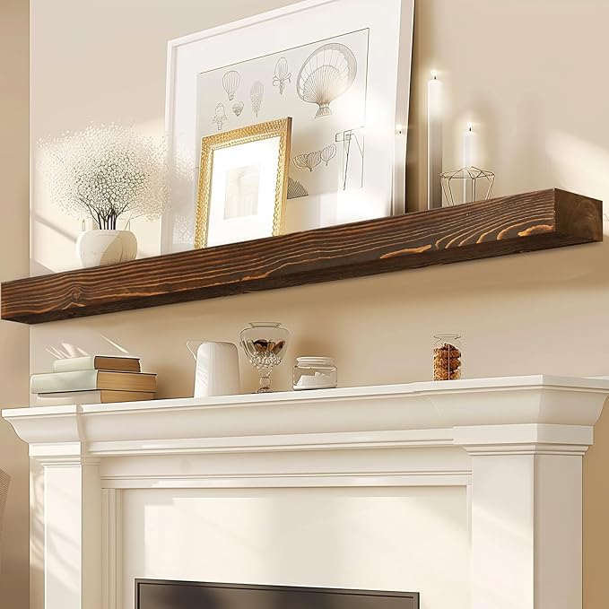 72x8x3 Fireplace Mantel - Solid Rustic Wood - Wall Mounted Floating Shelf with Invisible Heavy Duty Steel Bracket (Weathered Brown)-Ruum Studio Home