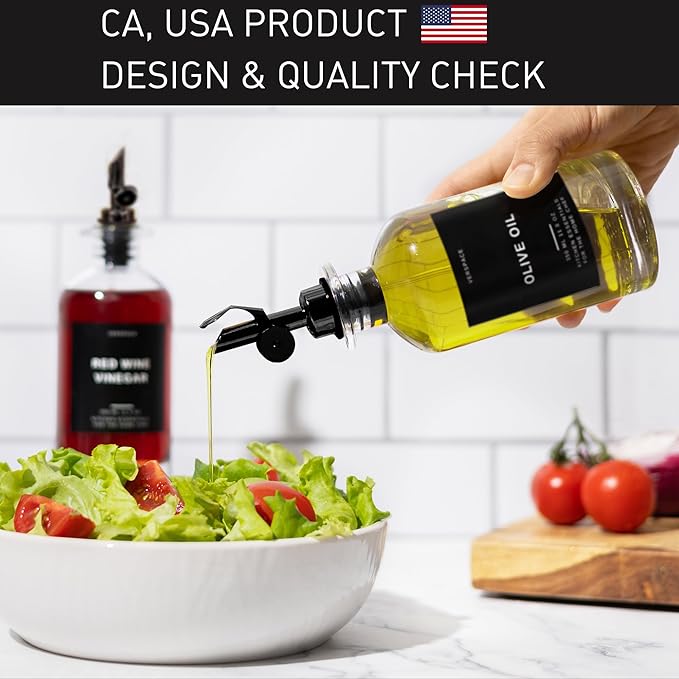 Olive Oil Dispenser Bottle For Kitchen With Silicone Tray & 40 Labels, Soy Sauce Dispenser, Coffee Syrup Dispenser, Olive Oil Bottles Set Of 2, Black-Ruum Studio Home