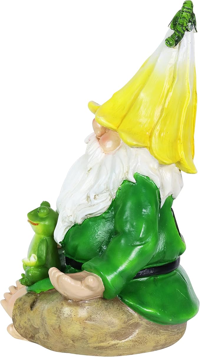 Exhart Solar Light-Up Meditating Gnome Statue w/LED Frog, Durable Resin Garden Décor, 8”x6.5”x10.5”-Ruum Studio Home