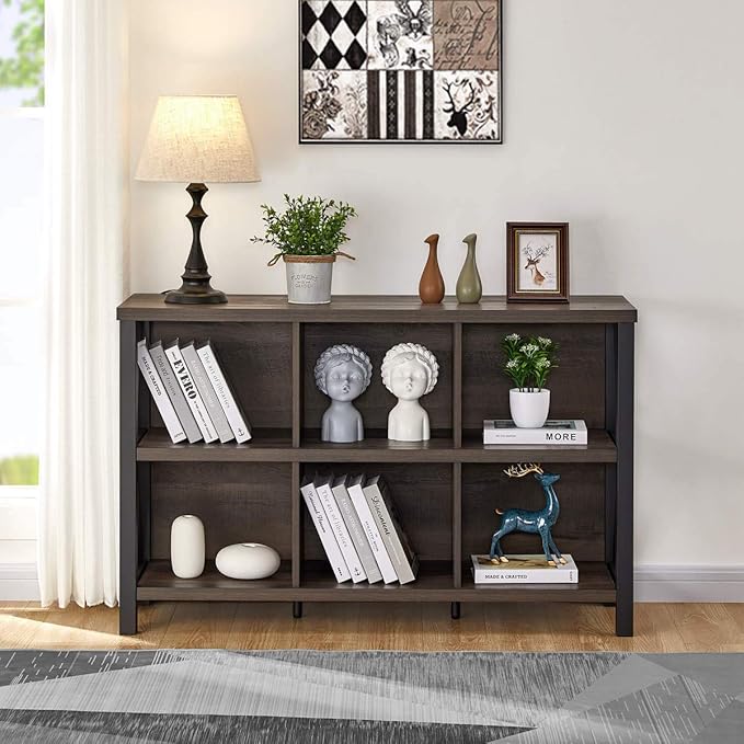 FATORRI Rustic 6 Cube Storage Organizer with Shelf, Wood and Metal Cubby Bookcase, Industrial Horizontal Bookshelf for Living Room, Home Office (Walnut Brown, 47 Inch)-Ruum Studio Home
