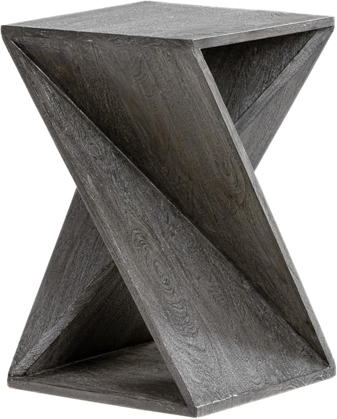 Modern Hand Made One-of-a-Kind Carved Mango Wood End Table, Farmhouse Side Table,Farmhouse End Table,Living Room,Bedroom, Accent Table, Contemporary Architectural Designed Grey,Assembled-Ruum Studio Home