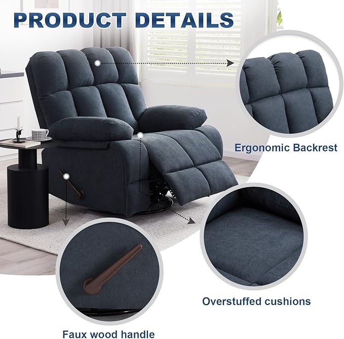 Oversized Recliner Chair, 360° Swivel Rocker Recliner for Big Man, Extra Wide Manual Recliner, Overstuffed Soft Rocking Sofa Chair, Overstuffed Soft Rocking Sofa Chair for Living Room(Grey)-Ruum Studio Home