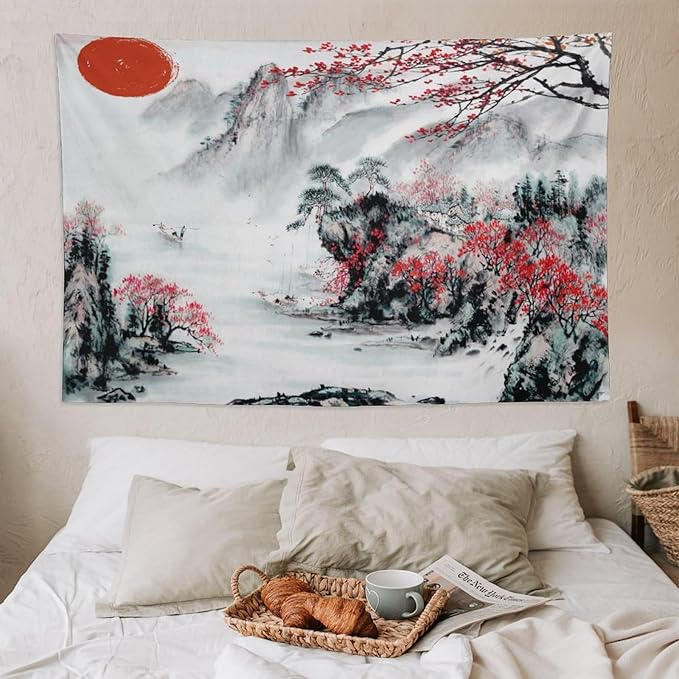 Cherry Blossoms Tapestry,Japanese Red Landscape Asian Watercolor Abstract Art Tapestry, Asian Japanese Wall Tapestry, Nature Landscape Tapestries for Bedroom Living Room Decor 90"x60"-Ruum Studio Home