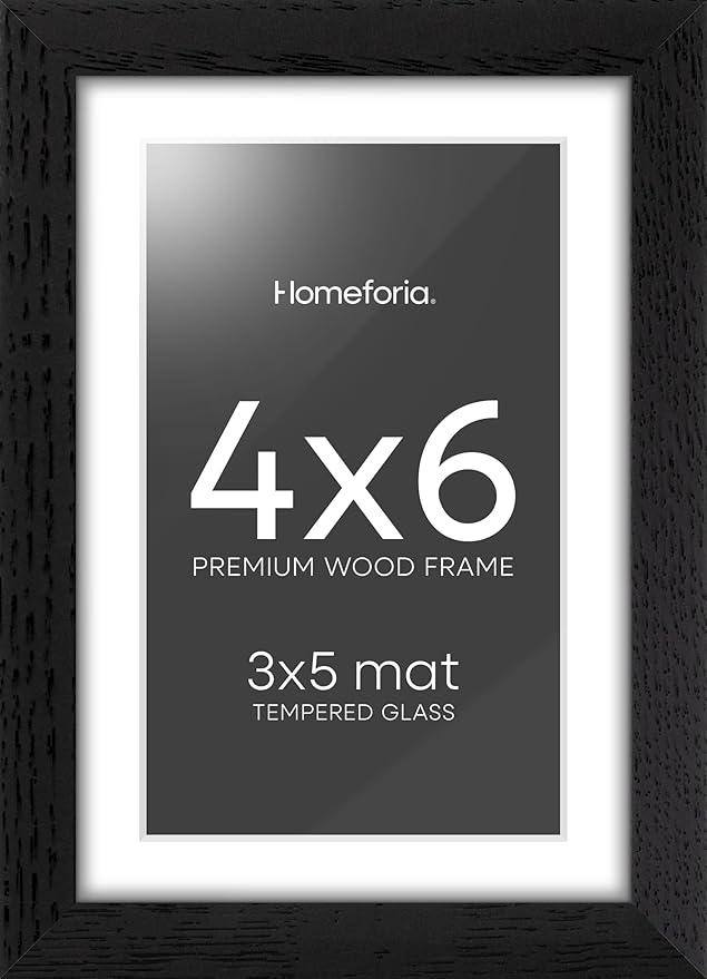 Homeforia 4x6 Picture Frame Black Wood, High End Oak 4by6 Black Wooden Frames with Mat 3x5 Print, 4 x 6 Frame Matted to 3 x 5 inch Photo, 6x4 Wall or Tabletop Frame, Tempered Glass, Wall Kit, Set of 1-Ruum Studio Home