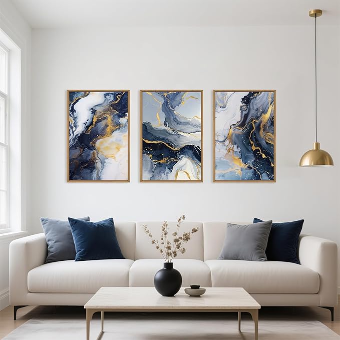 Celestdeco Blue Abstract Framed Canvas Wall Art Set, Blue Golden Aesthetic Wall Decor, Navy Blue Gold Wall Painting, Neutral Modern Art Print for Living Room, Bedroom, Dining Room, Office 24"x36"x3-Ruum Studio Home