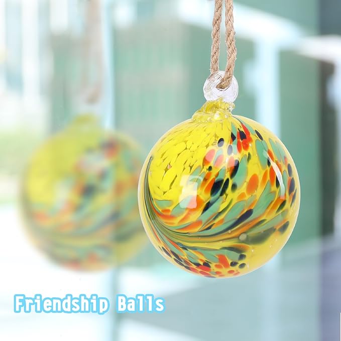 VCUTEKA Hanging Garden Gazing Ball, Hand-Blown Glass Witch Ball for Outdoor Garden Décor, 6" Yellow Swirl-Ruum Studio Home