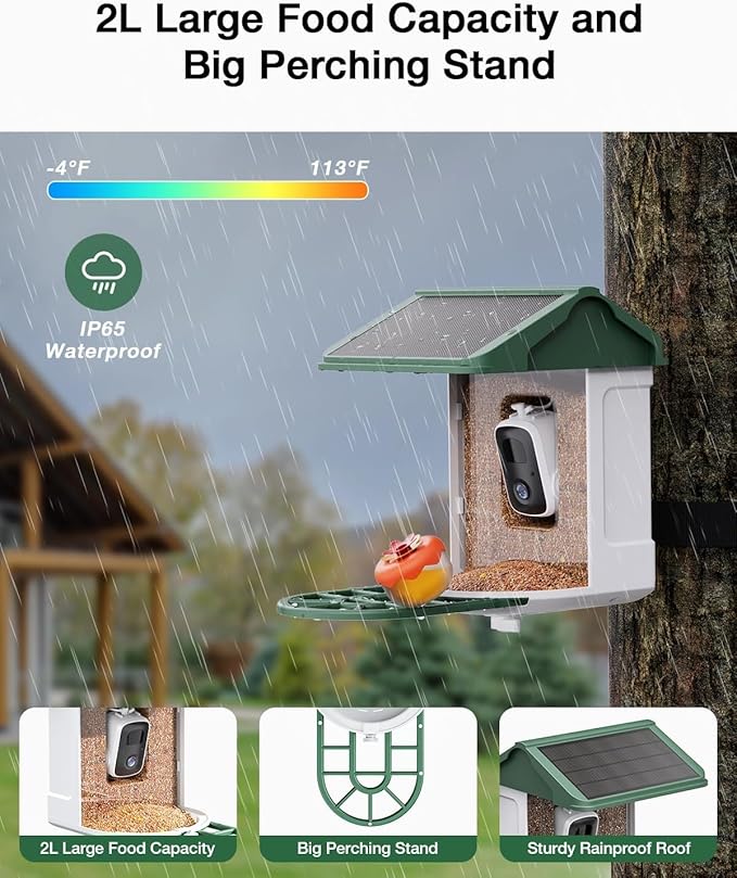 Bird Feeder with Camera-2K Live Video, Solar-Powered, Smart AI Identify Birds, 2L Food Capacity, Arrived Alerts, Bird Videos Storage, Mini Hummingbird Feeder for Watching Birds Outdoor-Ruum Studio Home