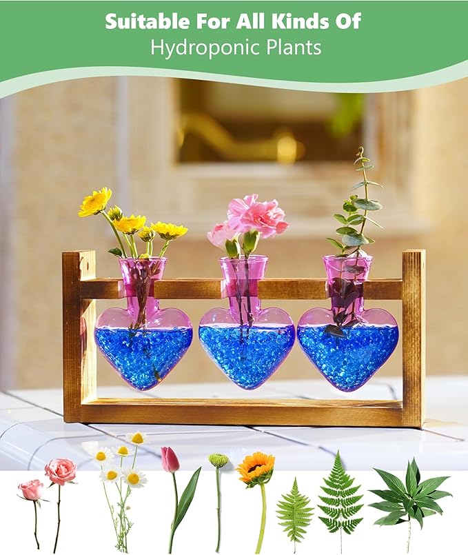 Nacome Plant Terrarium for Office Decor: Birthday Gifts for Plant Lovers Women Mom Wife - Wooden Stand Tabletop Planter 3 Bulb Glass Vase Heart Shaped for Hydroponics Indoor Home(Purple)-Ruum Studio Home