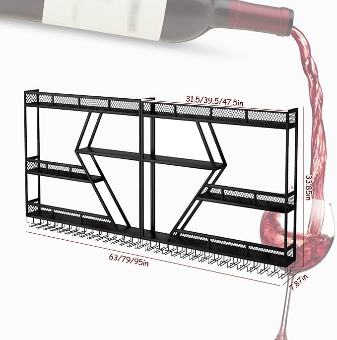 Wall Mounted Wine Rack with Glass Holder, 3-Tier Metal Storage Shelf, Black Diamond Design, Wine Bottle Display with Stemware Storage (Black, 39.37in/Left)-Ruum Studio Home