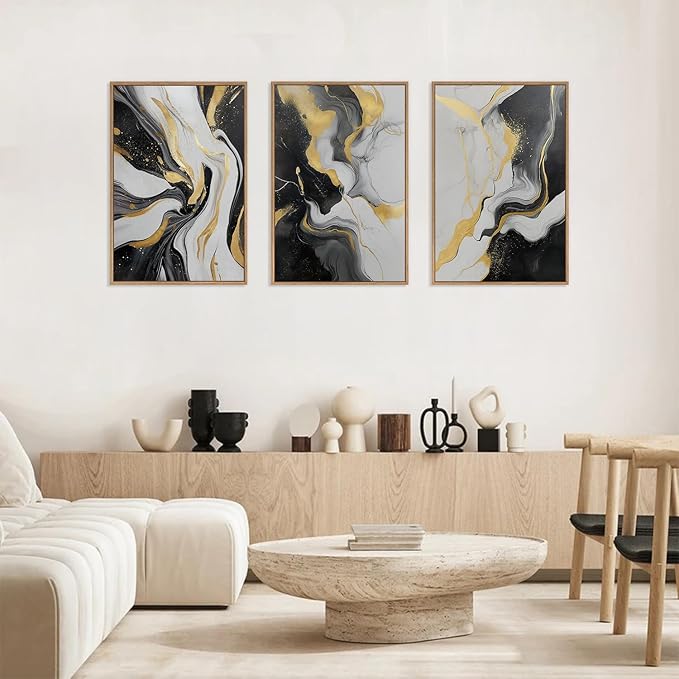 HLNIUC Abstract Gold and Black Framed Canvas Wall Art,Large Neutral Black and White Wall Decor Set of 3(16”x24”)Modern Gold Foil Framed Painting,Textured Marble Fluid Art Print for Living Room,Bedroom-Ruum Studio Home