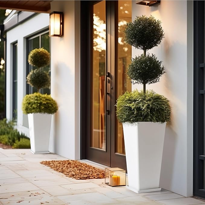 LA Jolie Muse 30 inch Tall White Planters Set of 2,Indoor/Outdoor Rectanglar Large Planters,V Shaped Taper Planters for Front Door.-Ruum Studio Home