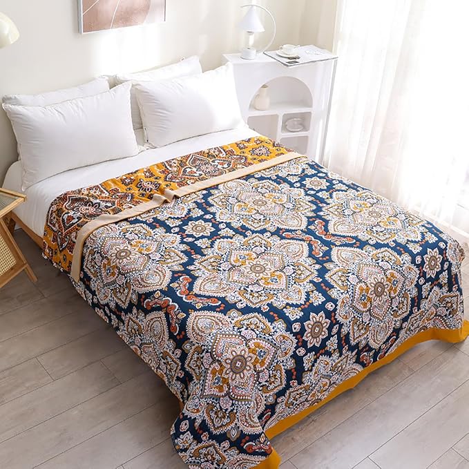 Boho Muslin Blanket for Adults 4-Layer Gauze 80 x 90 Inches Soft Cozy 100% Cotton Summer Cooling Blanket Floral Decor for Sofa Bed Coverlet Both Sides (A Boho Spiral Flower, 80 x 90 in)-Ruum Studio Home