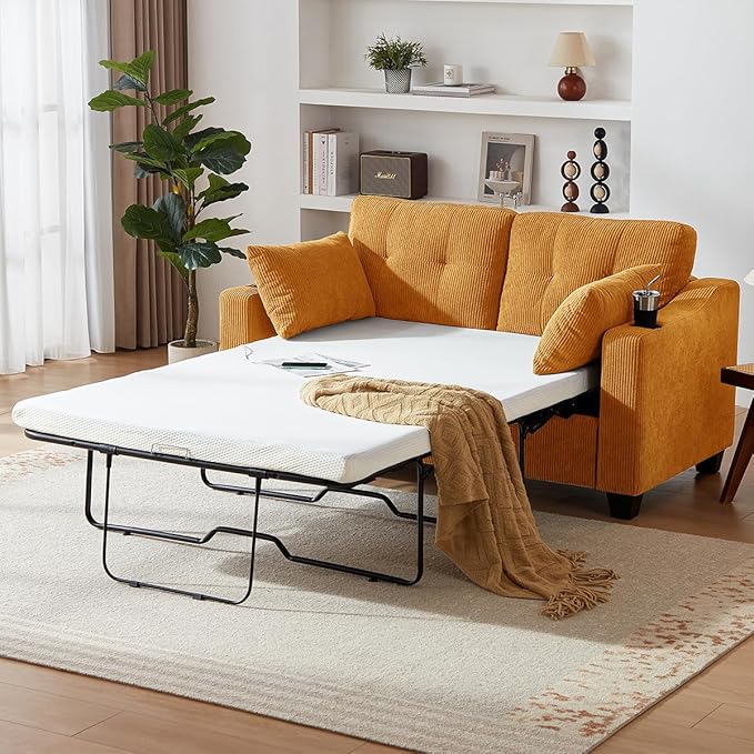 Pull Out Sofa Bed, Full Size Sleeper Sofa, 2-in-1 Convertible Corduroy Couch with USB Charging, Memory Form Couch for Living Room, Apartment and Small Space (Mustard Yellow, Corduroy - Full Size)-Ruum Studio Home