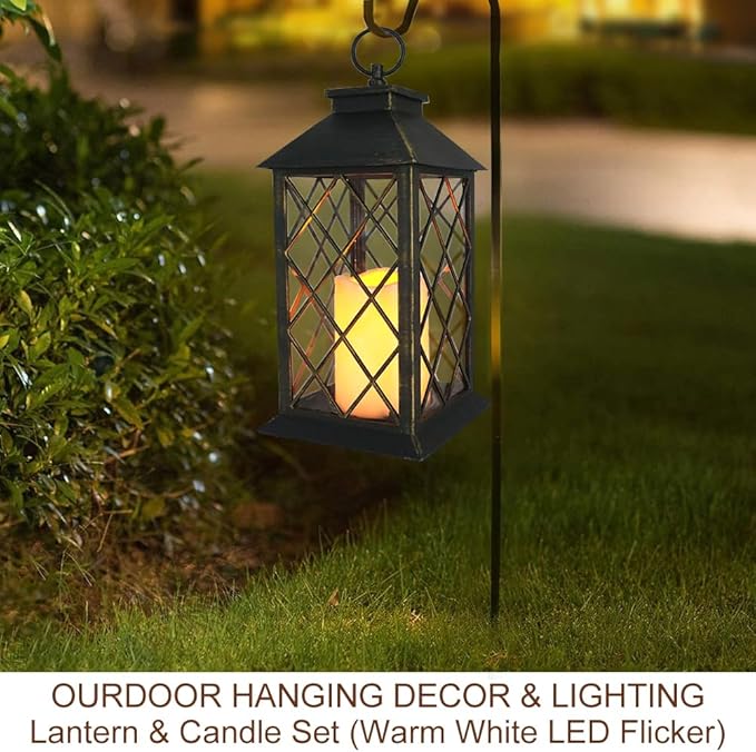 Bright Zeal 13.5" Outdoor Candle Lantern Decorative with LED Pillar Candle Battery Powered (Distressed Gold, 6hr Timer) - IP44 Waterproof Decorative Tabletop Lanterns Hanging Lanterns Indoor Outdoor-Ruum Studio Home
