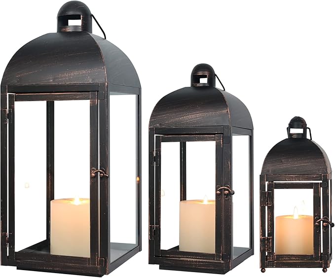NEEDOMO Lanterns Decorative Outdoor & Indoor, Set of 3 Outdoor Lanterns for Porch, 23" Large Candle Lantern, Bronze Metal Frame with Glass, Vintage Farmhouse, Patio, Pathway, Garden, Fall, Christmas-Ruum Studio Home