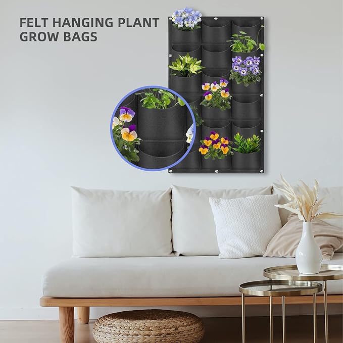 18 Pockets Hanging Planter Bags, Hanging Vertical Wall Mounted Plant Planting Grow Bags, Herb Garden Planter Outdoor Indoor Growing Bag, Gardening Vertical Greening Flower Container(1m×0.5m, Black)-Ruum Studio Home