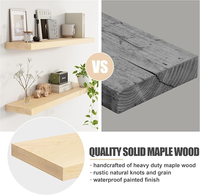 Floating Shelves for Wall, USA-Sourced Maple Wood 24 Inch Wall Shelves Set of 2, Natural Wooden Mounted Picture Ledge Shelf, Nursery Book Storage Shelf Kids Bookshelf, Display Shelf for Bathroom-Ruum Studio Home