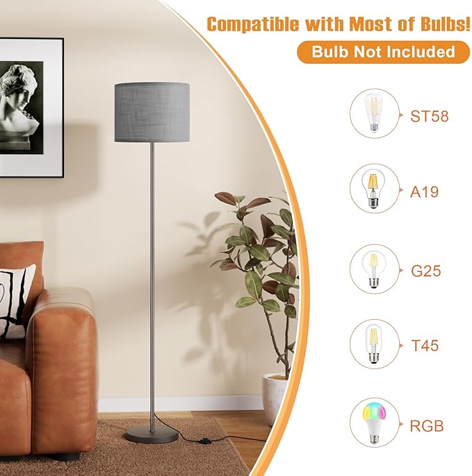 Ambimall 60'' Modern Floor Lamp with Shade, Tall Lamps for Living Room, Bedroom, Office, Dining Room, Linen Grey Shade with Black Pole(Without Bulb)-Ruum Studio Home