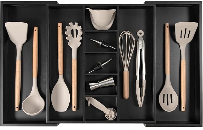 Adjustable Kitchen Drawer Organizer for Utensils and Junk, Food-Safe Contract Grade with 100% Sustainable Wood, Expandable from 16 to 28 Inches Wide - Black Bamboo-Ruum Studio Home