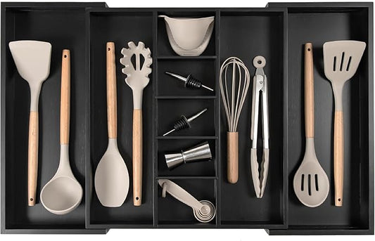 Adjustable Kitchen Drawer Organizer for Utensils and Junk, Food-Safe Contract Grade with 100% Sustainable Wood, Expandable from 16 to 28 Inches Wide - Black Bamboo-Ruum Studio Home