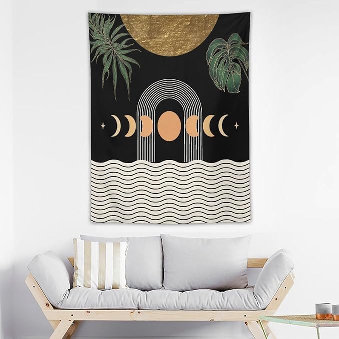 Abstract Boho Tapestry, Mid Century Tropical Tree Leaves Modern Geometric Arch Bohemian Botanical Tapestry, Home Aesthetic Wall Hanging Art Decor for Living Room Bedroom Dormitory 60x60 Inch-Ruum Studio Home