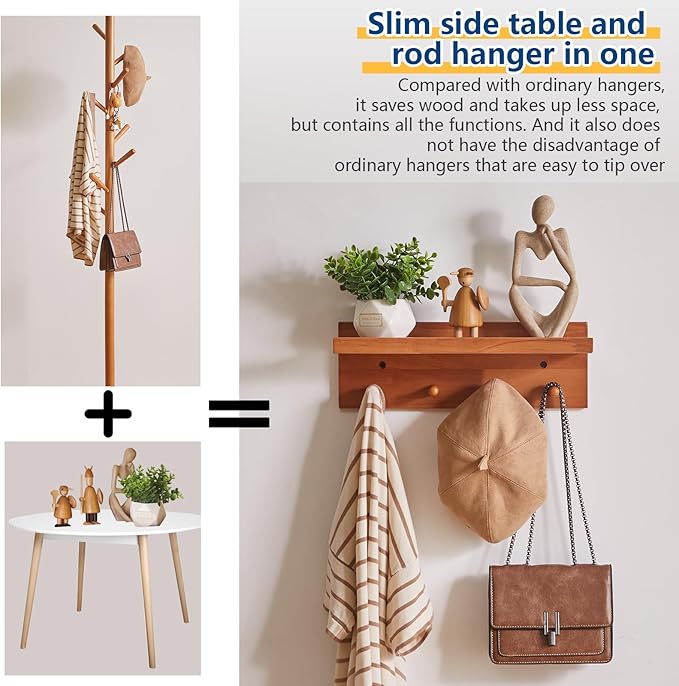 Wall Mounted Hook with Shelf,15.75in Entryway Wall Hanging Shelf,Solid Wood Coat Hooks,for Bathroom, Kitchen,Cherry Wood Color YD-WS0240C-Ruum Studio Home