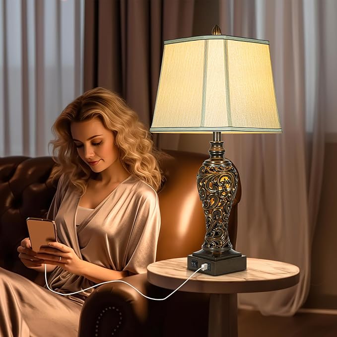28.5" high Vintage Brown Table Lamps Set of 2 - Bedside Lamp with Faux Silk Shades - for Bedroom and Living Room with USB and Nightlight - Perfect for Nightstands and Bedrooms (Bulb Included)-Ruum Studio Home